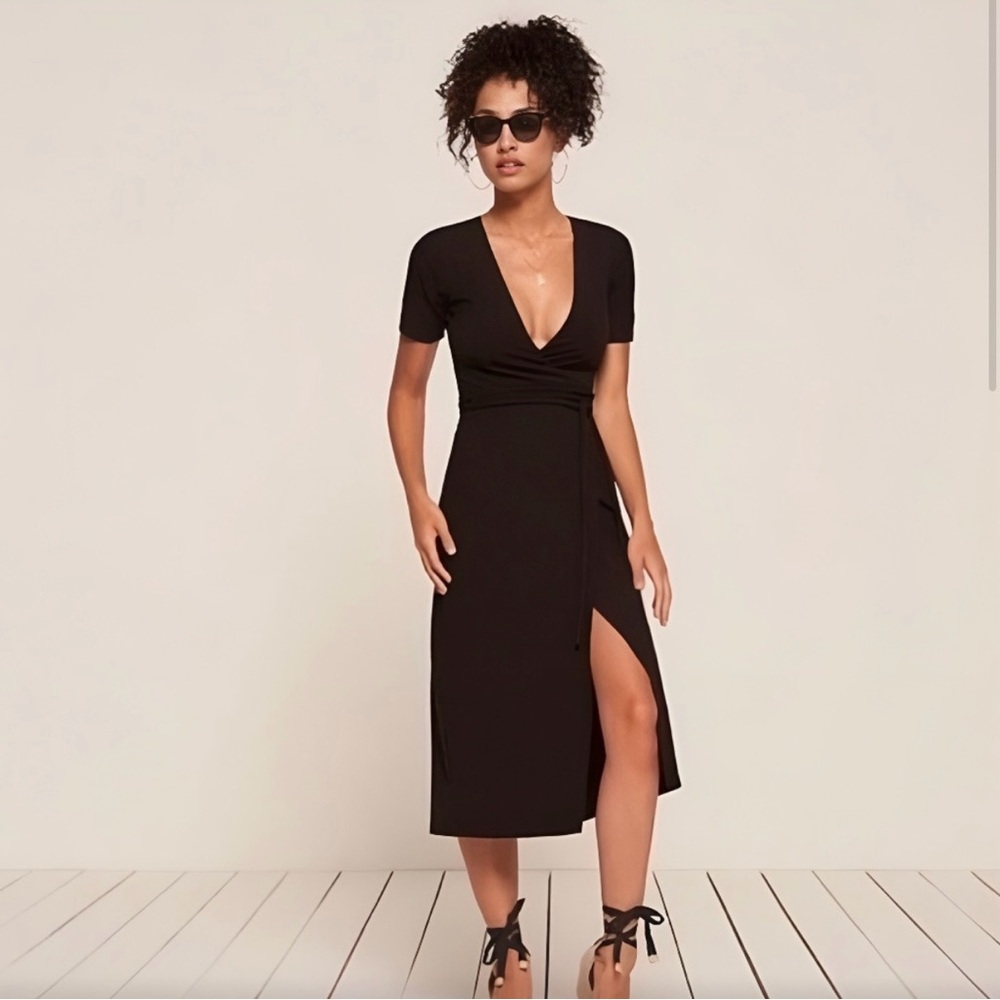 Reformation Addy black midi wrap dress Small